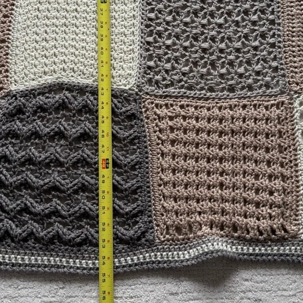 Handmade‎ Crochet Patchwork Blanket Neutral Taupe Grey Cream Throw 62x55 Soft